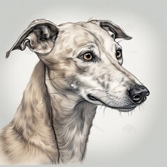 Illustration of a drawing of a greyhound in light gray and beige tones, hand-painted details. Generative AI