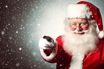 Santa Claus with a long white beard points his finger and smiles, copy space for advertising. AI generated.