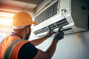 Technician checking and changing the filters of a domestic air conditioning split. AI generated. - obrazy, fototapety, plakaty