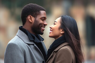 Interracial couple chat and smile facing each other on an autumn day in the street.Ai generated