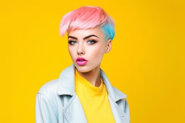 Fototapeta premium Fashion portrait, of a woman with very colorful and delusional makeup, colored clothes to match the background. Ai generated.