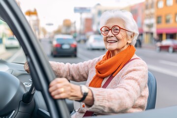 Experience the freedom of an elderly senior woman driving her own car. AI Generated.