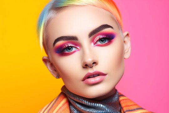 Fashion portrait, of a woman with very colorful and delusional makeup, colored clothes to match the background. Ai generated.