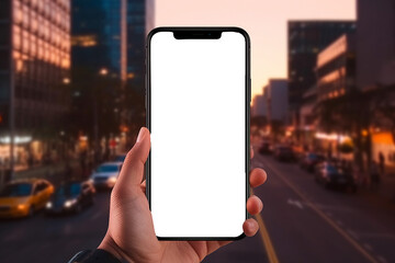 smartphone mockup, hand holding smartphone with blank transparent screen  on city background, generative AI. 