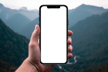 smartphone mockup, hand holding smartphone with blank transparent screen on mountain background, generative AI. 