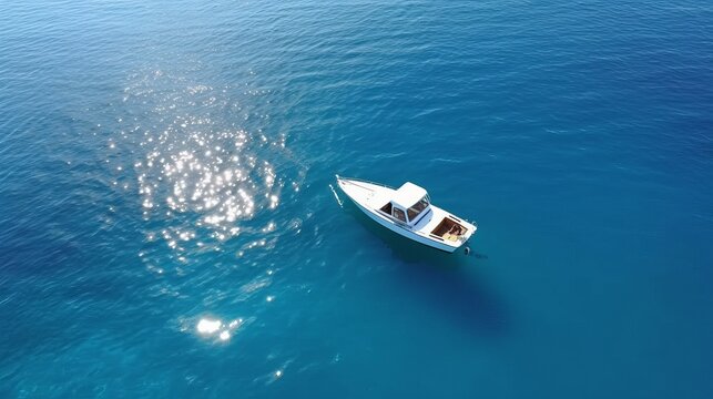 Aerial view of floating boat on blue Adriatic sea at sunny day. Fast boat on the sea surface. Seascape from drone. Travel video generative ai