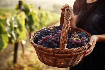 Fototapeta na wymiar Woman in vineyards holding a wicker basket full of red grapes