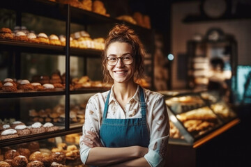 Happy small pastry shop owner, smiling proudly at her store. Cheerful female baker working at her shop