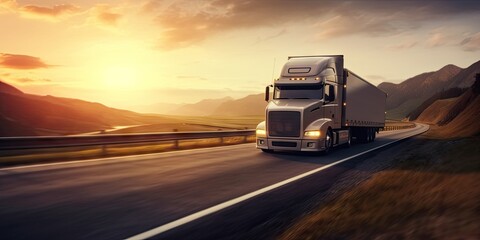 Obraz premium Cargo Truck on the Open Road at Sunset. Trucking Business in Motion