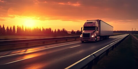 Cargo Truck on the Open Road at Sunset. Trucking Business in Motion