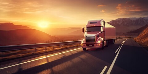 Cargo Truck on the Open Road at Sunset. Trucking Business in Motion