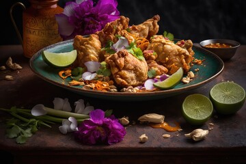 Fototapeta na wymiar healthy and spicy indian chicken dish with fresh cilantro and lemon generative ai