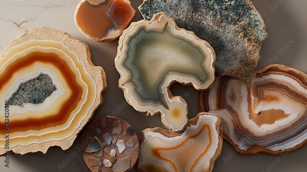 Poster a group of different types of rocks on a counter top with a rock in the middle of the picture and a 