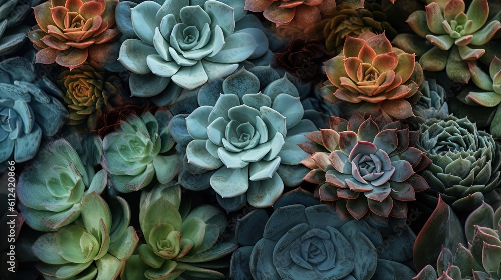 Poster a bunch of succulents that are all different colors and sizes in the same bunch, all of which are di
