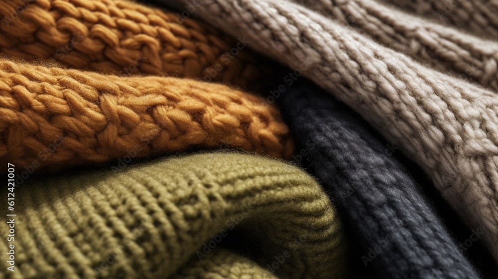 Poster a pile of different colored sweaters sitting next to each other on top of each other in a pile toget