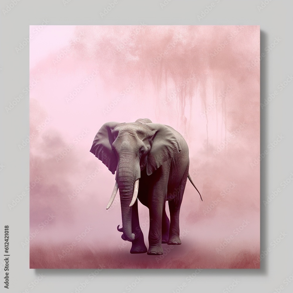 Poster an elephant is standing in a foggy area with trees in the background and a pink sky in the foregroun