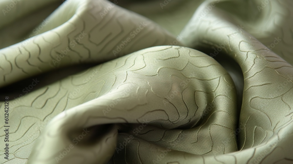 Poster a close up of a green fabric with a wavy design on it's side and a knot at the end of the fabric,. g