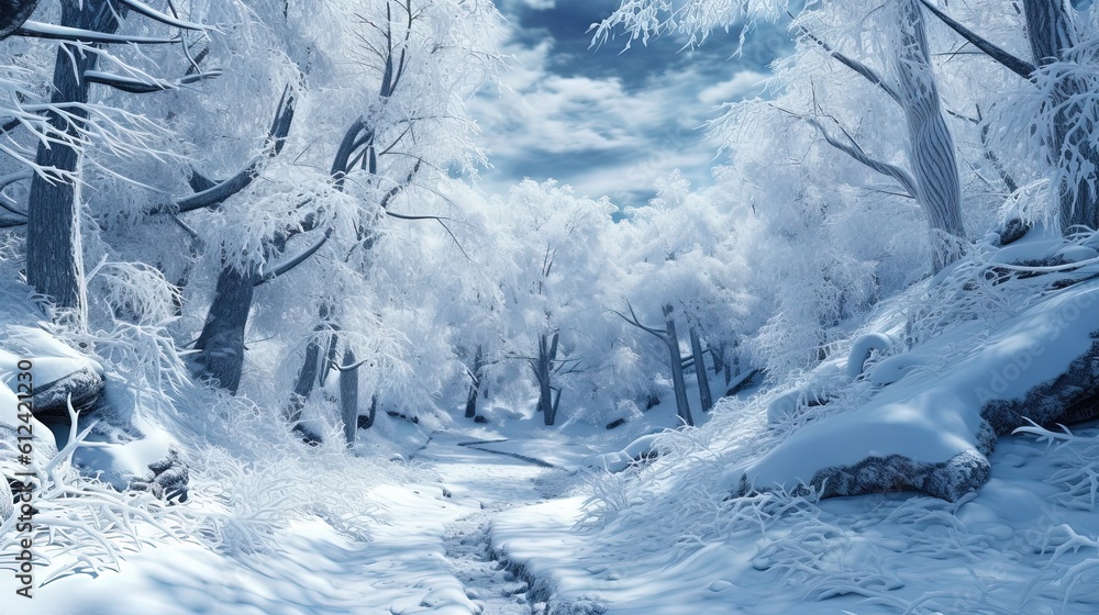 Poster a snow covered forest with a path leading to a moonlit sky in the distance with a full moon in the s