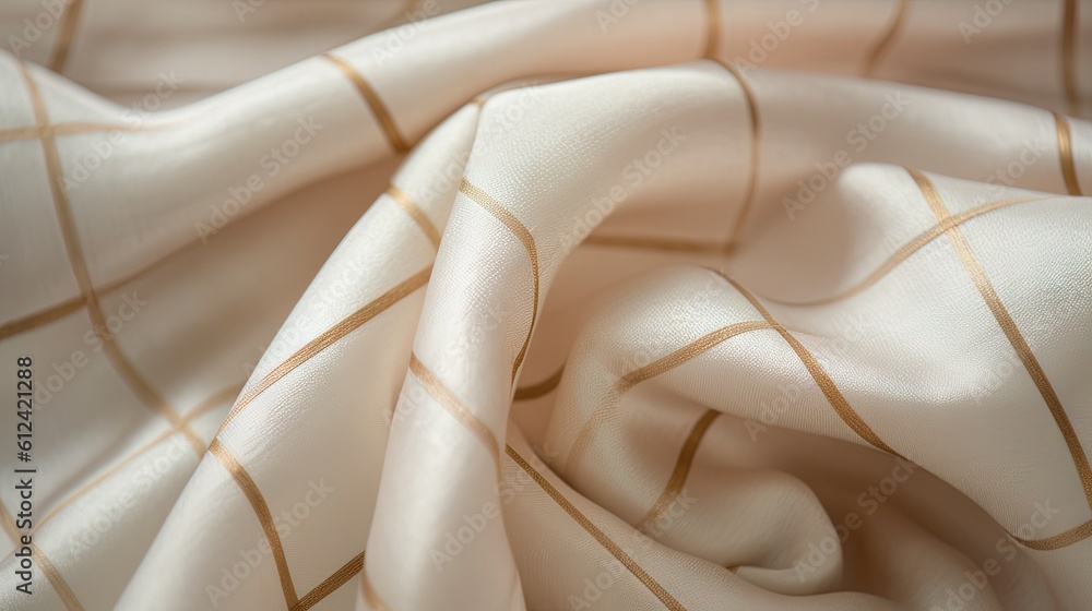 Poster a close up of a white and gold fabric with a diagonal pattern on the top of the fabric, with a gold 
