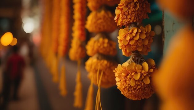 traditional zendu flower garland backdrop for spiritual event generative ai