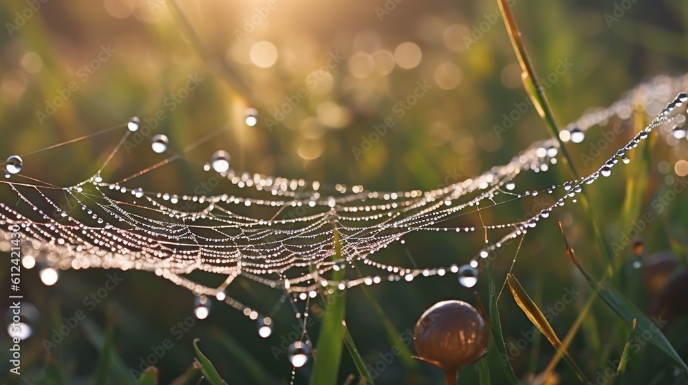Poster a close up of a dew covered spider web on a grass field with the sun shining in the background and d