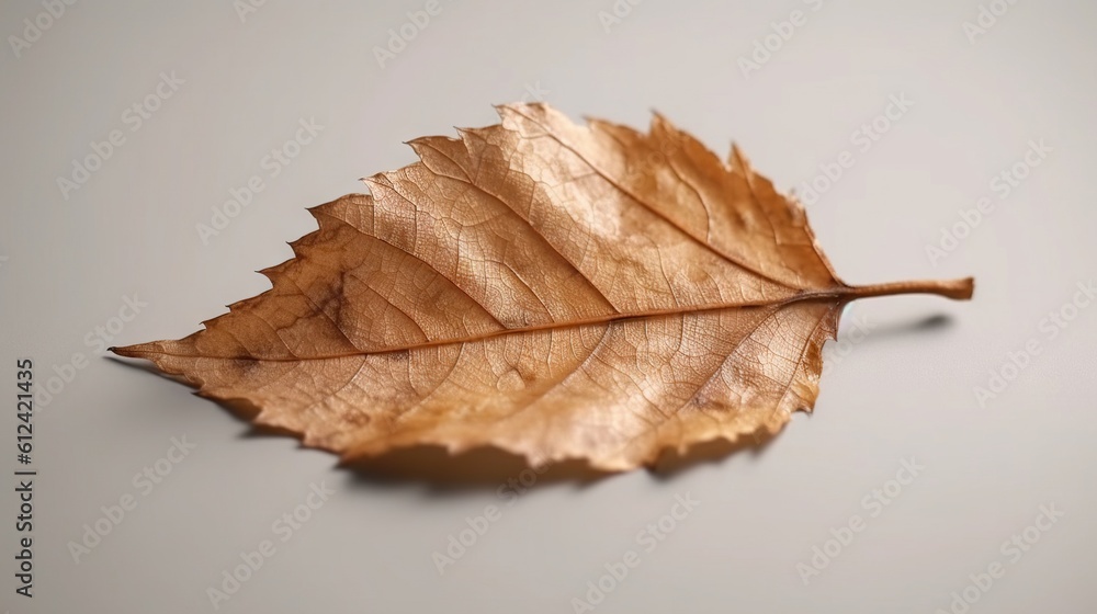 Poster  a single leaf laying on top of a white table top next to a gray wall with a reflection of the leaf on it's surface.  generative ai