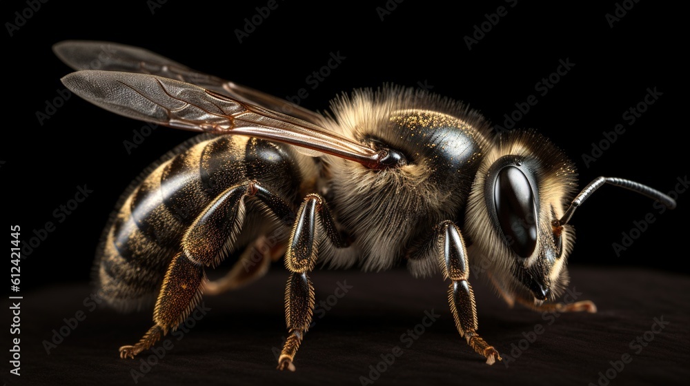 Poster a close up of a bee on a black background with a black background and a black back ground with a yel