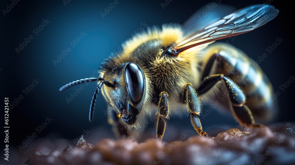 Poster a close up of a bee on a rock with a blue background and a black back ground with a few tiny dots of