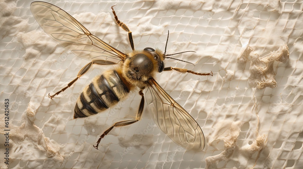 Poster a close up of a bee on a white surface with a black stripe on it's back end and a black stripe on it