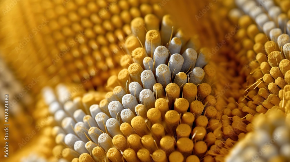 Poster a close up of a bunch of yellow and white pills on a yellow surface with a yellow background and whi