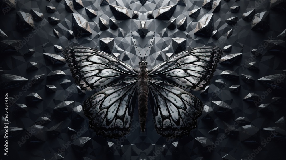 Poster a black and white butterfly on a black and white background with a triangular pattern in the middle 