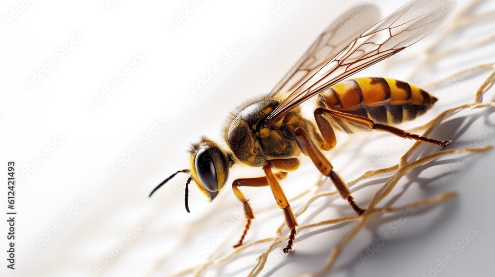 Poster a close up of a bee on a white surface with a shadow of the insect on the side of the frame and the 
