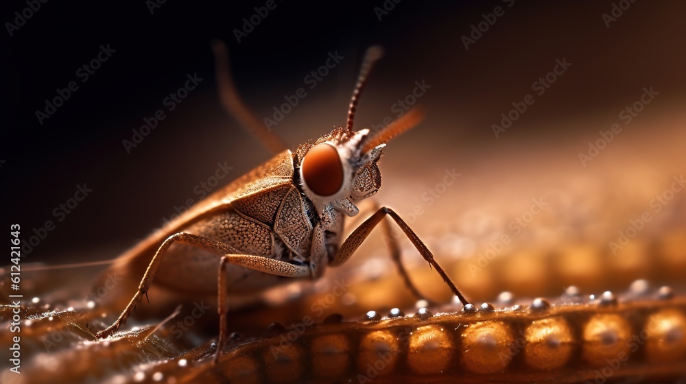Poster a close up of a bug on a piece of wood with drops of water on it's body and a black background behin