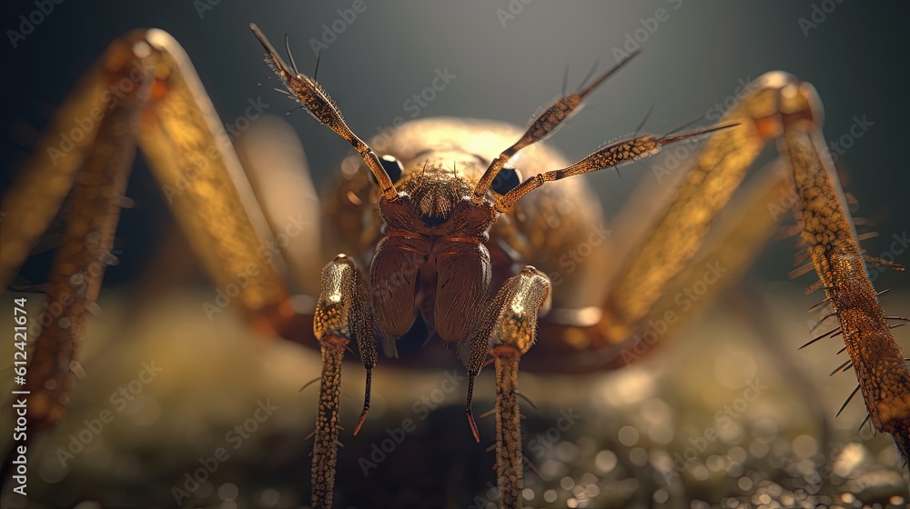 Poster a close up of a bug on a surface with water droplets on it's body and legs, with a black background 