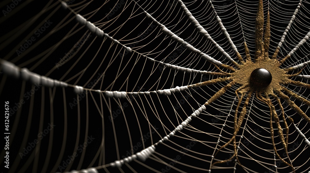 Poster  a close up of a spider web on a black background with a black background and a black background with a spider web on it and a black background.  generative ai