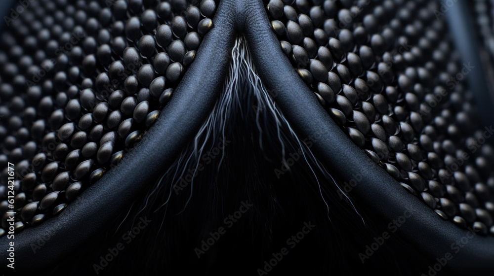 Poster a close up view of a black and grey shoe with a pattern on the side of the shoe and the bottom part 