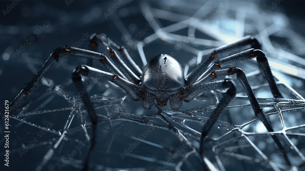 Poster a close up of a spider on a web of spider webs in the dark with a blurry background of blue and whit