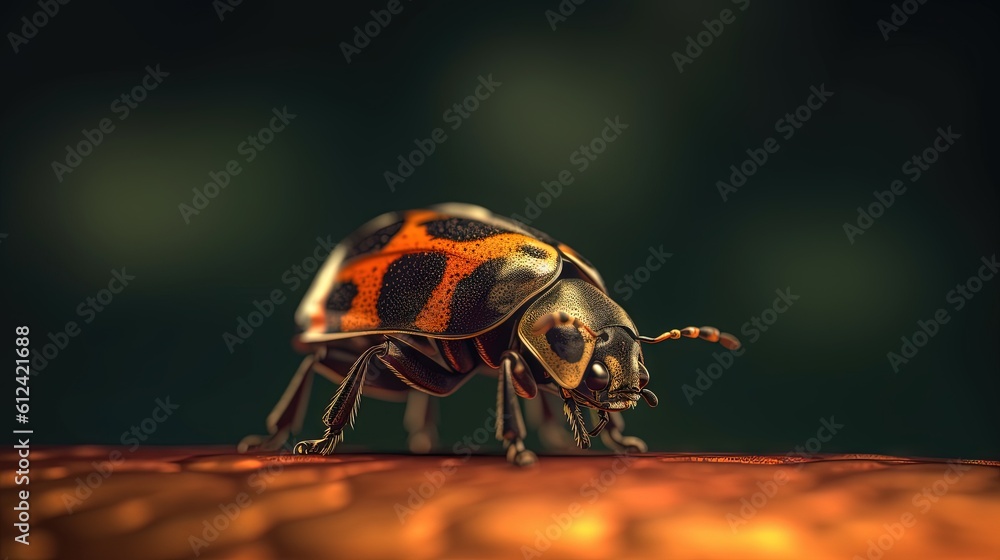 Poster a close up of a beetle on a surface with a blurry back ground in the background and a blurry back gr