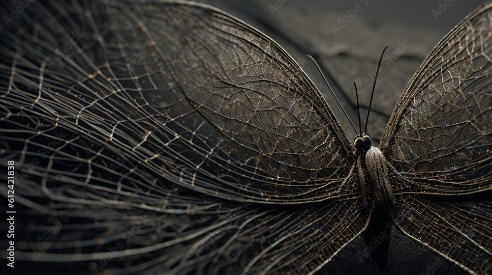 Poster a close up of a butterfly's wing with a black background and a blurry image of the wing and the back