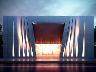Entrance in Futuristic concrete architecture design building exterior with parametric windows facade structure. Ai Generative illustration.