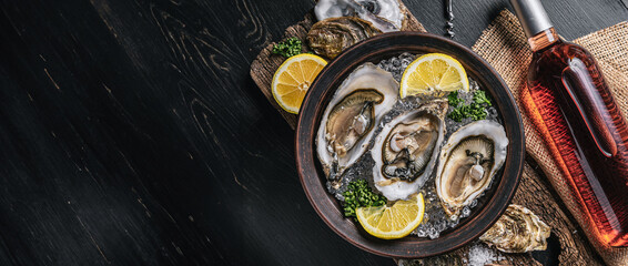Obraz na płótnie Canvas healthy food seafood. raw diet atlantic oysters on a dark wooden background in ice with lemon