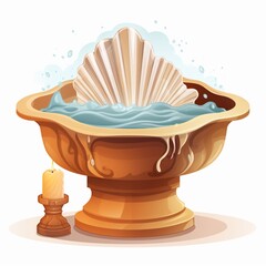 Cartoon baptismal font and shell with symbolic significance in Christian baptism Generative AI