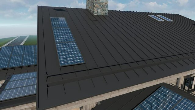 4K video rendering of installation Solar panels on the roof of modern cozy chalet with pool and parking for sale or rent. Beautiful forest mountains on background. 