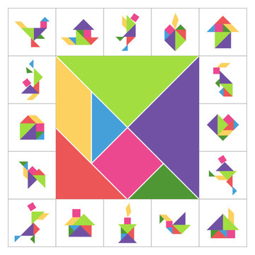 Creative Tangram Game Cover Template: Colorful Geometric Puzzle for Title Page, Cover, Game Box. Tangram puzzle square set. 