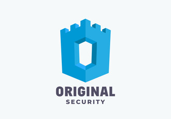 Original Security Abstract Vector Emblem Logo Template. Capital letter O incorporated into Castle Tower Isolated