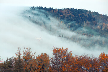 Krajobraz jesienny. Mglisty poranek w górach, Polska - obrazy, fototapety, plakaty
