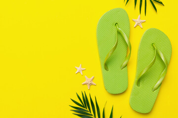 Flat lay composition with flip flops and seashell on colored background. Space for text top view