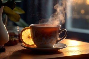 Fototapeta premium Savor Every Sip of This Deliciously Hot Tea with a Hint of Lemon. Generative AI.