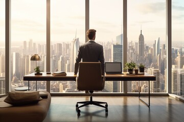 Impressive Scene of a Successful CEO Contemplating Business Strategies in a Chic Executive Office. Generative AI.