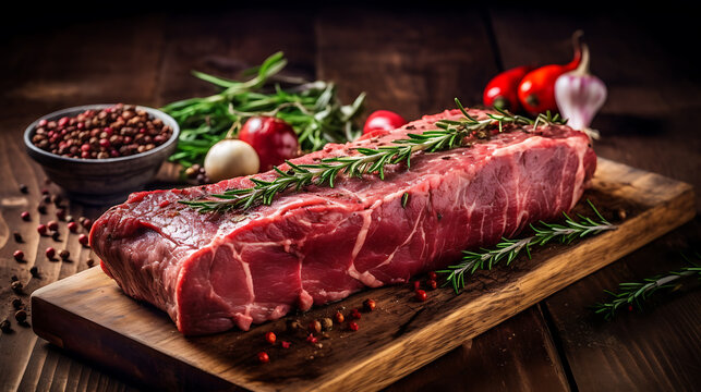 Fresh Raw brisket beef meat prime cut on a wooden board with herbs. wooden background. AI Generative.